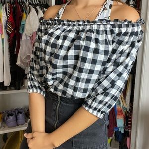 Black and white checkered off the shoulder croptop